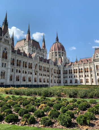 Hungarian Parliament Building with garden view in Budapest