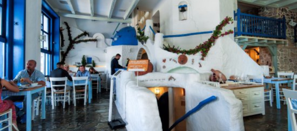 Interior of Dionysos Taverna, Greek-themed restaurant in Budapest.