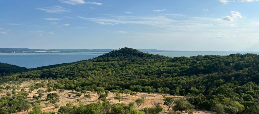 View of Lake Balaton from the Őrtorony Lookout on the Tihany Peninsula.