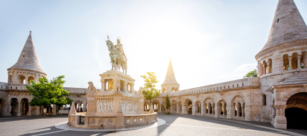 Fisherman’s Bastion in Budapest with towers and panoramic city view