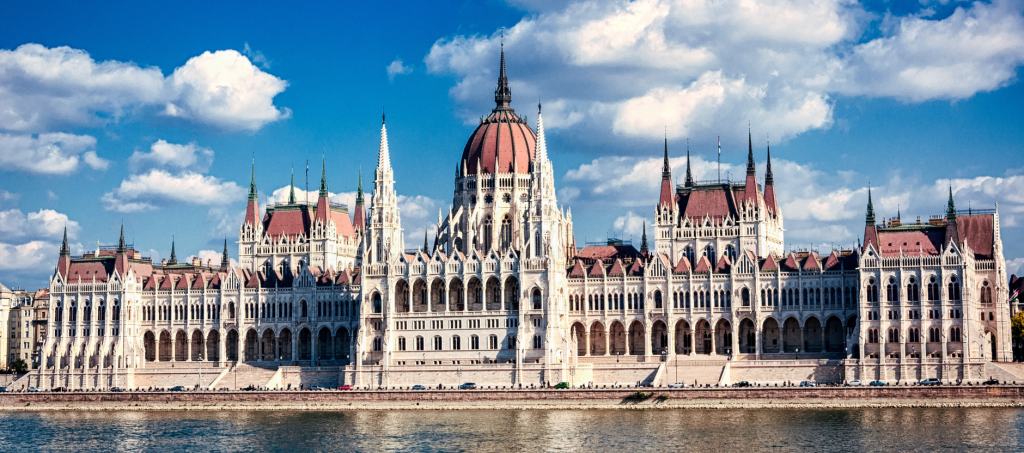 Hungarian Parliament Building in Budapest with Gothic Revival architecture along the Danube