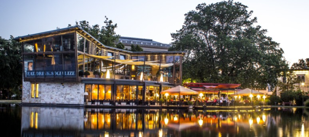 Robinson restaurant on the lake in Budapest’s City Park with evening reflections.