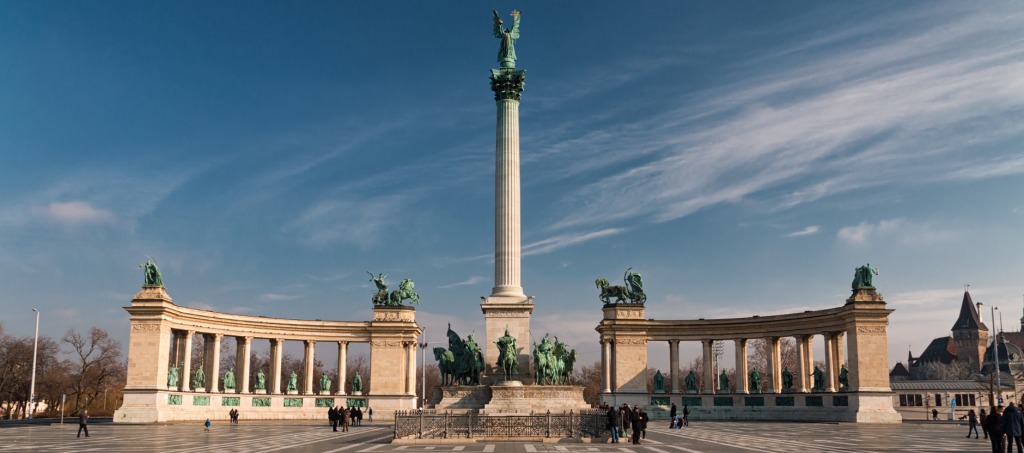 Heroes’ Square in Budapest with statues and the Millennium Monument