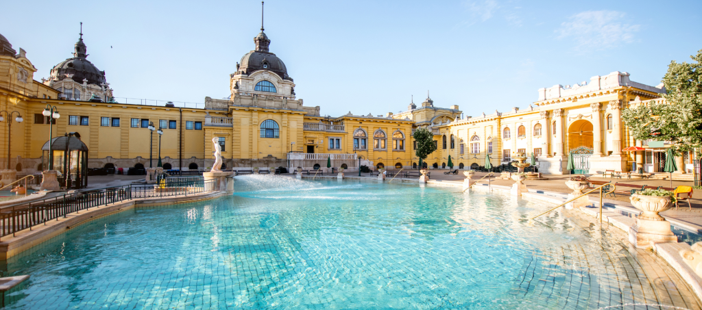 Széchenyi Thermal Bath in Budapest with outdoor pools and historic architecture