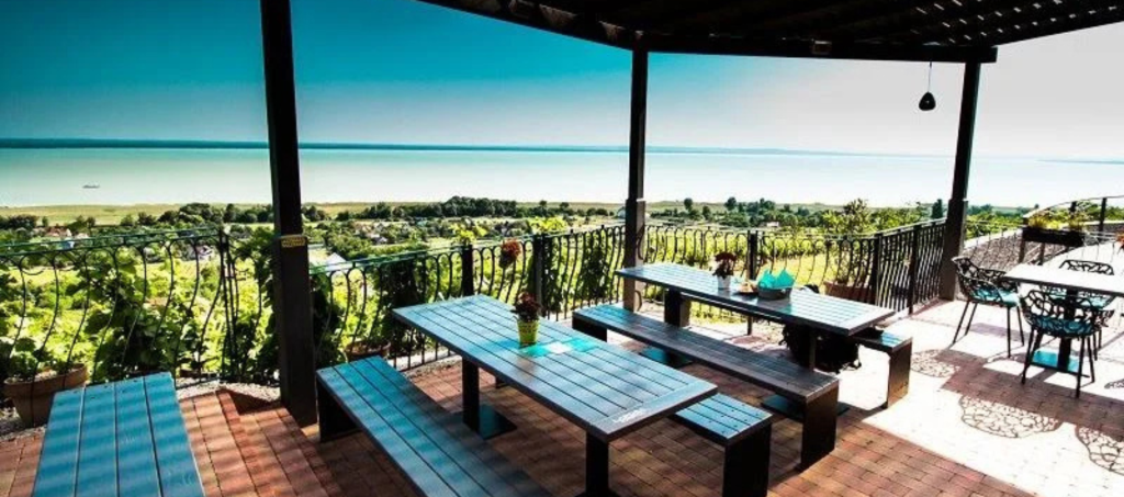 Terrace view of Lake Balaton from a hillside winery