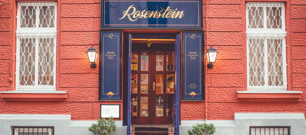 Entrance of Rosenstein restaurant in Budapest, a legendary family-run spot.