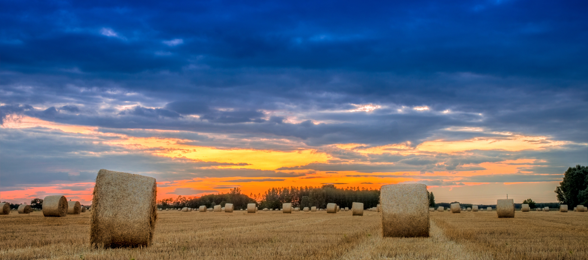 Hungarian countryside field with hay bales at sunset