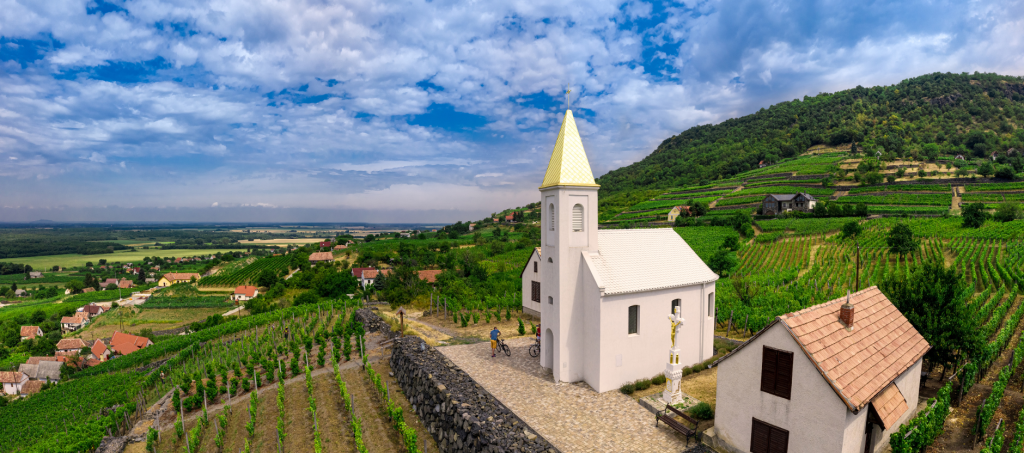 Vineyards and white chapel in Badacsony wine region, Hungary